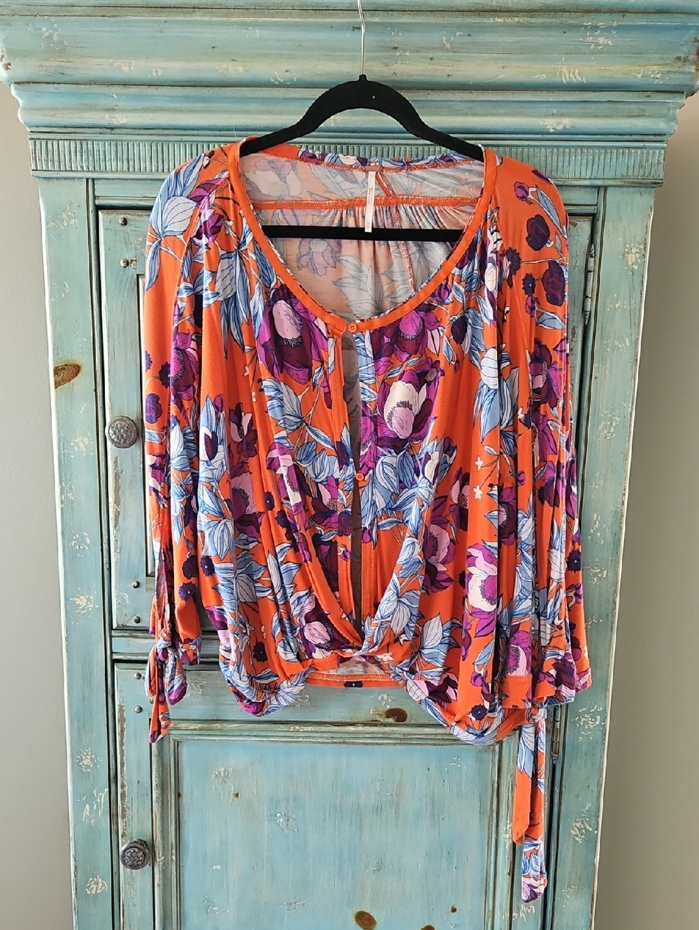 Free People Orange Floral Tie-Front Blouse